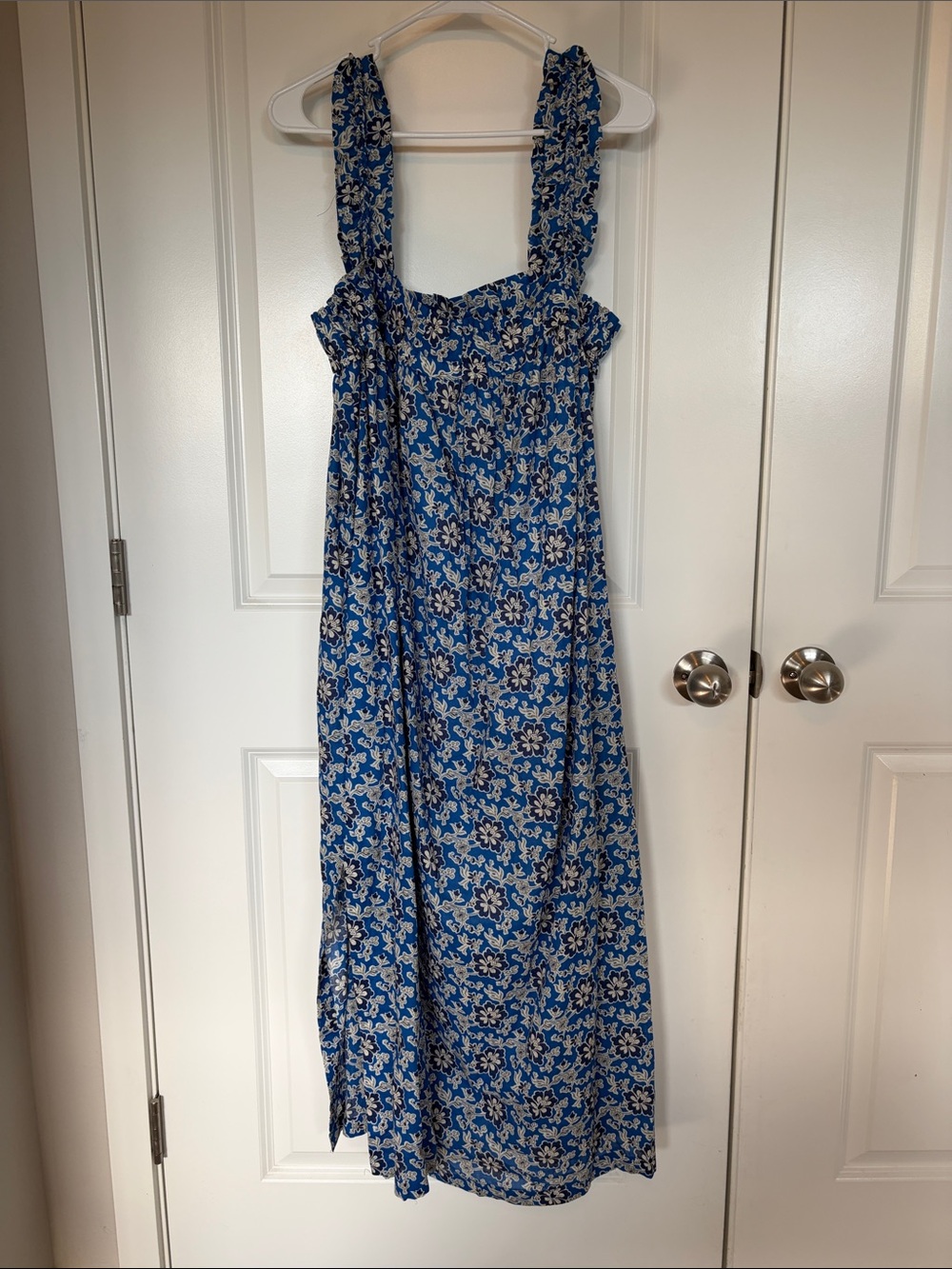 J. Crew Blue Floral Ruffled-Strap Maxi Dress